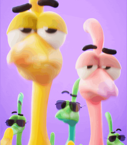 A Group Of Cartoon Characters Wearing Sunglasses Are Standing Next To Each Other GIF