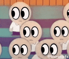 A Group Of Cartoon Characters With Big Eyes Are Standing Next To Each Other .. GIF