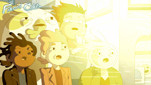 A Group Of Cartoon Characters With Finn And Cake Written On The Bottom Right GIF