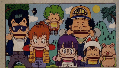 A Group Of Cartoon Characters With One Wearing A Yellow Hat That Says " Arura " GIF