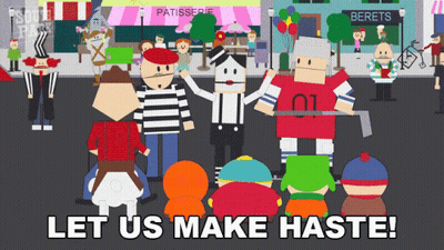 A Group Of Cartoon Characters With The Words Let Us Make Haste Written Below Them GIF