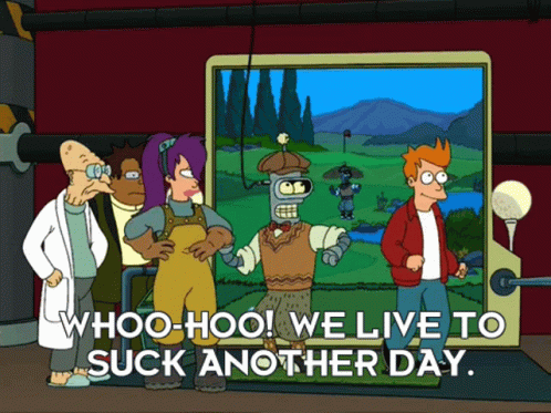 A Group Of Cartoon Characters With The Words Whoo-Hoo We Live To Suck Another Day Written Below Them GIF