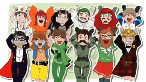 A Group Of Cartoon Characters With Their Arms In The Air GIF