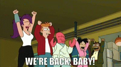 A Group Of Cartoon Characters With Their Hands In The Air And The Words We 'Re Back Baby GIF