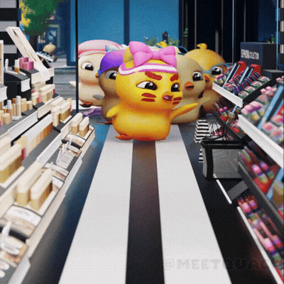 A Group Of Cartoon Chickens Are Standing In A Store With A Sign That Says Emoji Collection GIF
