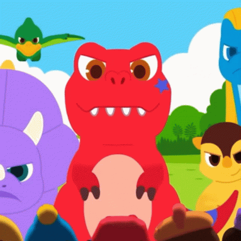 A Group Of Cartoon Dinosaurs Including A Red One With A Blue Star On Its Chest GIF