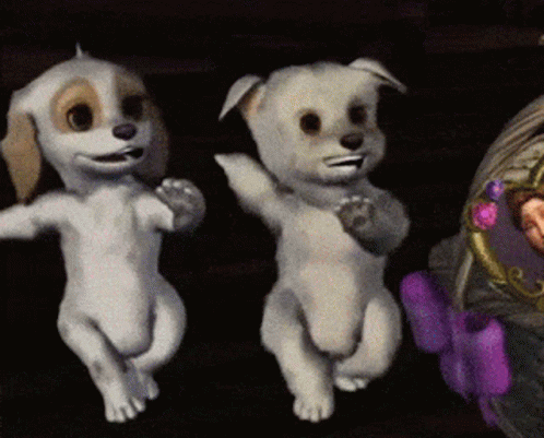 A Group Of Cartoon Dogs Are Dancing Together In A Dark Room GIF