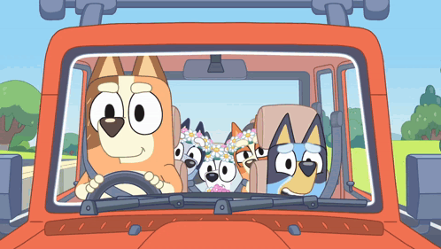 A Group Of Cartoon Dogs Are Sitting In The Back Of A Car GIF
