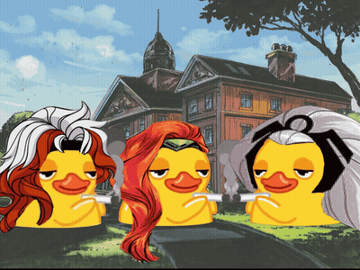 A Group Of Cartoon Ducks Are Sitting In Front Of A Building GIF