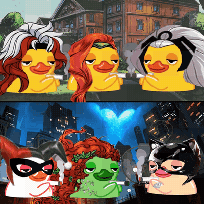 A Group Of Cartoon Ducks Are Standing Next To Each Other With One Wearing A Mask GIF