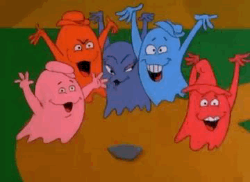 A Group Of Cartoon Ghosts Are Standing Next To Each Other On A Field . GIF