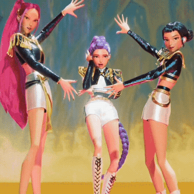A Group Of Cartoon Girls Are Posing For A Picture With Their Hands In The Air GIF