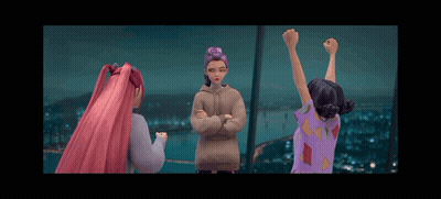 A Group Of Cartoon Girls Are Standing Next To Each Other With Their Arms In The Air . GIF