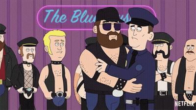 A Group Of Cartoon Men Are Hugging In Front Of A Neon Sign That Says The Blues GIF