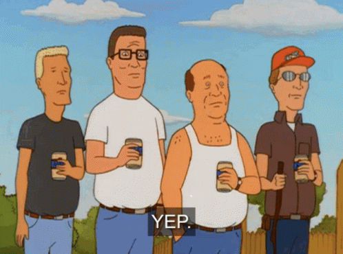 A Group Of Cartoon Men Standing Next To Each Other With Yep Written On The Bottom GIF