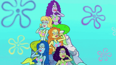 A Group Of Cartoon Mermaids Are Sitting On Top Of A Rock GIF