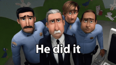 A Group Of Cartoon Police Officers Are Standing Around A Man With The Words He Did It Above Him GIF