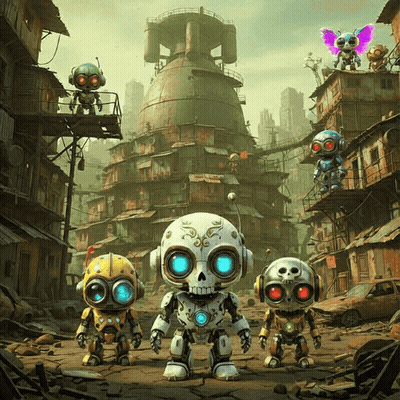A Group Of Cartoon Robots Are Standing In Front Of A Building GIF