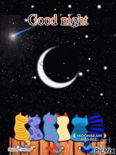 A Group Of Cats Are Sitting On A Wooden Fence Looking At A Crescent Moon . GIF