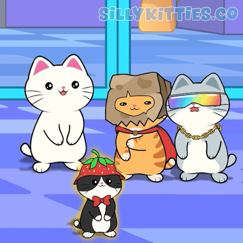 A Group Of Cats Are Standing Next To Each Other With Sillykitties.co Written On The Bottom Right GIF