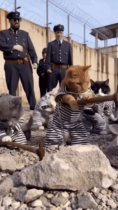 A Group Of Cats Dressed As Prisoners Are Holding Hammers And Shovels GIF