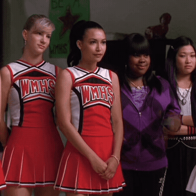 A Group Of Cheerleaders Wearing Wmhs Uniforms Are Standing Next To Each Other GIF