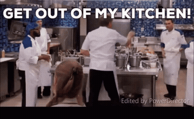 A Group Of Chefs In A Kitchen With The Words Get Out Of My Kitchen On The Bottom GIF