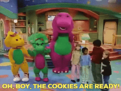 A Group Of Children Are Standing Next To Each Other In A Room With A Purple Dinosaur . GIF