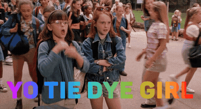A Group Of Children Are Walking Down A Sidewalk And The Words Yo Tie Dye Girl Are Displayed GIF