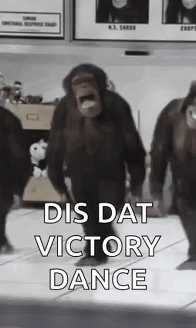 A Group Of Chimpanzees Are Dancing Together In A Room With The Words `` Dis Dat Victory Dance '' . GIF