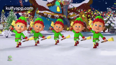 A Group Of Christmas Elves Are Dancing In The Snow . GIF