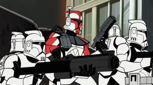 A Group Of Clone Troopers Are Holding Guns In A Cartoon GIF