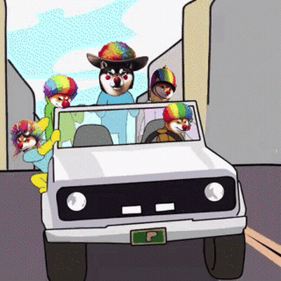 A Group Of Clown Dogs Are Riding In A Car With A License Plate That Says P. GIF