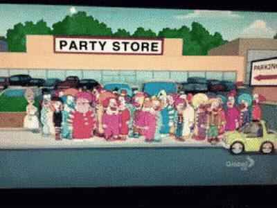 A Group Of Clowns Are Gathered Outside Of A Party Store GIF