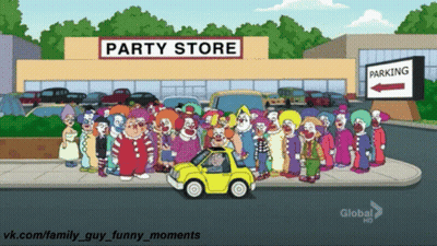 A Group Of Clowns Are Gathered Outside Of A Party Store GIF