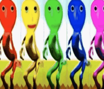 A Group Of Colorful Cartoon Characters Dancing In A Row GIF