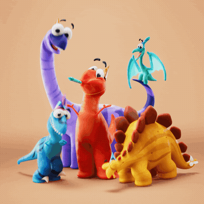 A Group Of Colorful Cartoon Dinosaurs Are Standing Together GIF