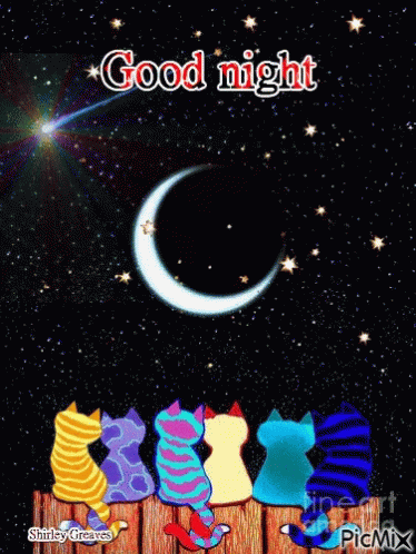 A Group Of Colorful Cats Sit On A Wooden Fence Looking At The Moon GIF