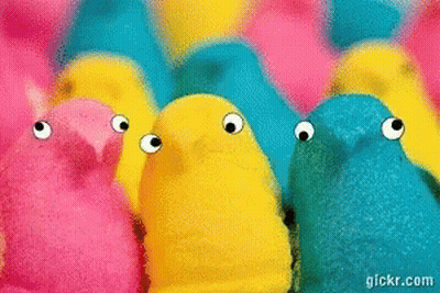A Group Of Colorful Peeps With Googly Eyes Are Lined Up In A Row GIF