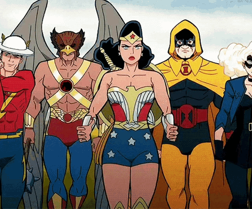 A Group Of Comic Book Characters Including Wonder Woman And Black Cat GIF