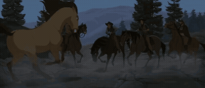 A Group Of Cowboys Are Riding Horses In A Cartoon Scene GIF