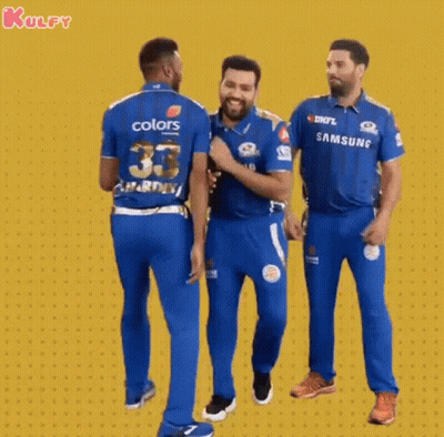 A Group Of Cricket Players In Blue Uniforms Are Standing Next To Each Other On A Yellow Background . GIF