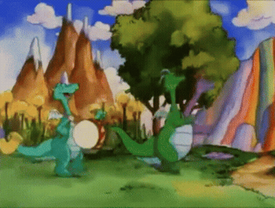 A Group Of Dinosaurs Are Playing A Drum In A Cartoon Landscape . GIF