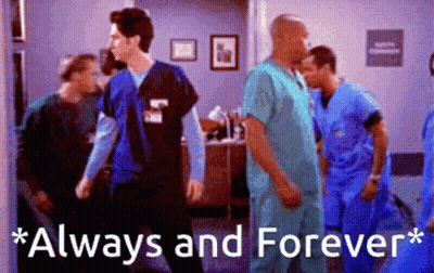 A Group Of Doctors Are Walking In A Hallway With The Words " Always And Forever " GIF