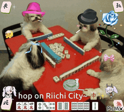 A Group Of Dogs Are Playing A Game Of Mahjong And The Caption Says Hop On Riichi City GIF