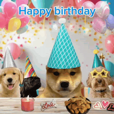 A Group Of Dogs Wearing Party Hats With The Words Happy Birthday Written Above Them GIF