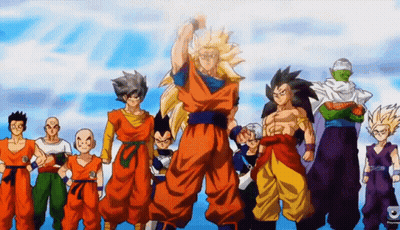 A Group Of Dragon Ball Characters Standing Next To Each Other On A Blue Background GIF