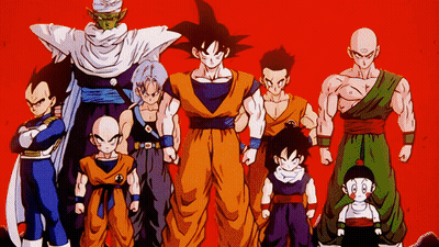 A Group Of Dragon Ball Characters Standing Next To Each Other With A Red Background GIF