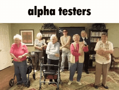 A Group Of Elderly People Are Standing In A Room With The Words Alpha Testers On The Top GIF