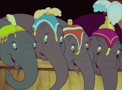 A Group Of Elephants Are Standing Next To Each Other And Wearing Different Hats GIF